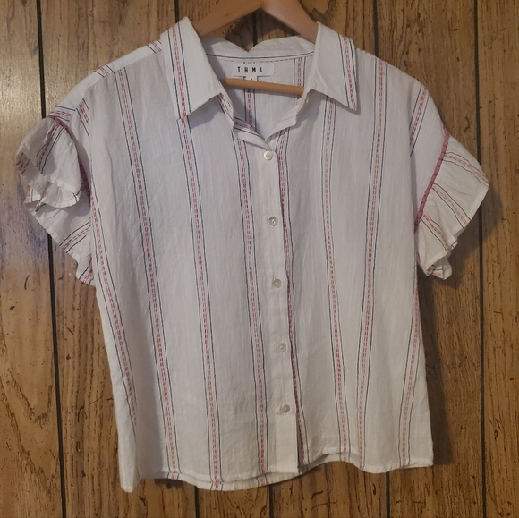 THML / ANTHROPOLOGIE Striped Stitched Ruffle Sleeve Button Down Top - Small - Picture 1 of 6